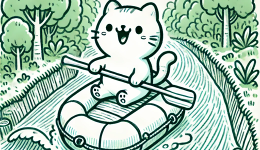 ゴムボートで川下りをするネコ